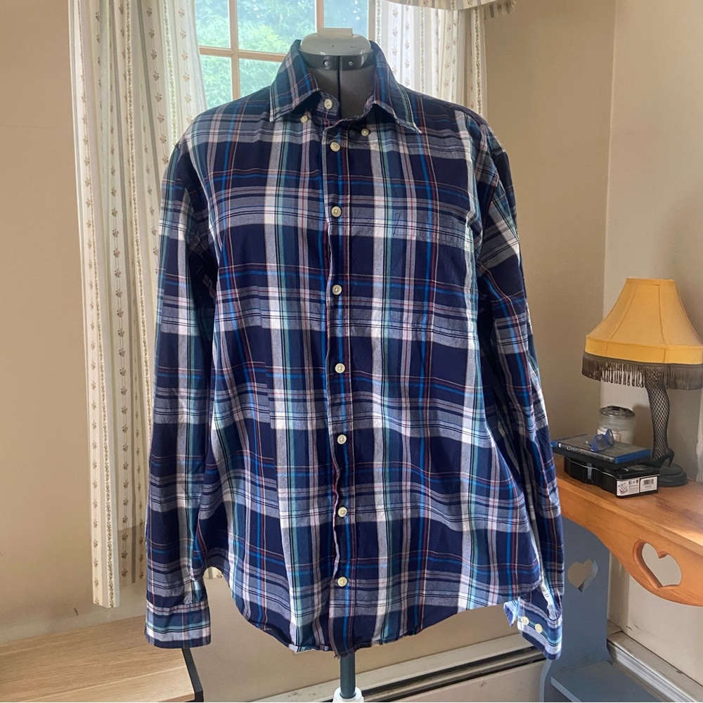 Merona Men’s Tailored Fit Long Sleeved Button Down Shirt, blue/multi plaid XL